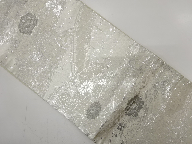 JAPANESE KIMONO / ANTIQUE FUKURO OBI / SILK / WOVEN CARRIAGE & KIKU